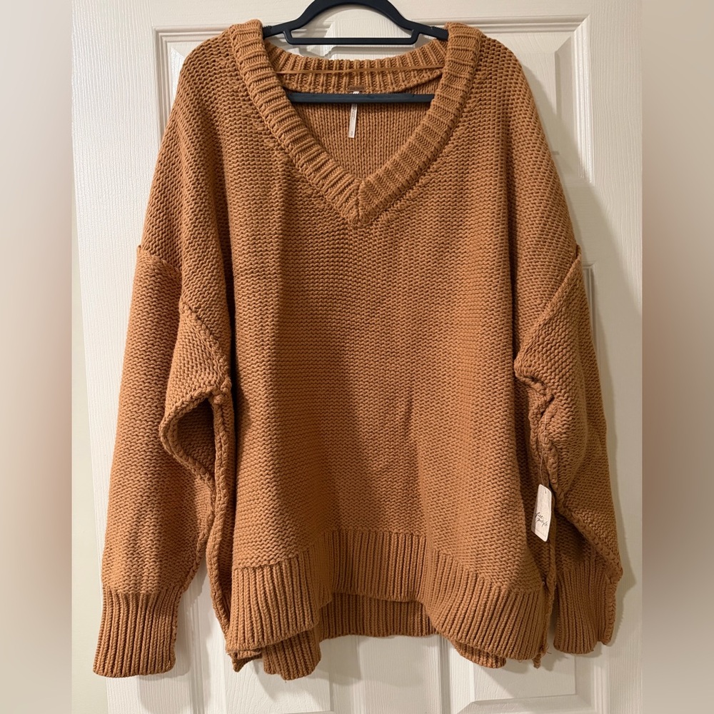 New Free People Warm Brown V-Neck Sweater
